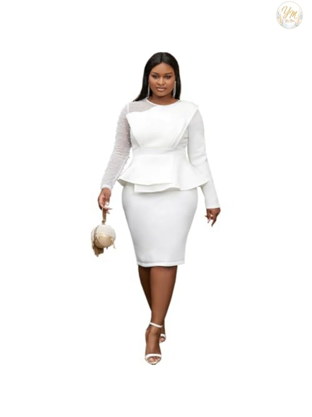 Women's Mesh Patchwork Pearl Bead Long Sleeve Peplum Bodycon Knee Length Dress